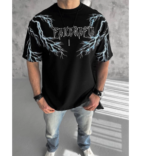 Erkek Bisiklet Yaka Tişört Yıldırım Şimşek Baskılı Kısa Kol T-Shirt -Siyah