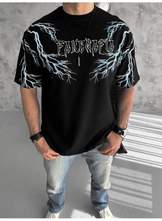 Erkek Bisiklet Yaka Tişört Yıldırım Şimşek Baskılı Kısa Kol T-Shirt -Siyah