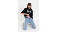 Kadın Baskılı T-Shirt Kısa Kol Bisiklet Yaka Oversize Rahat Kalıp Günlük Tişört - Siyah Kadın Baskılı T-Shirt Kısa Kol Bisiklet Yaka Oversize Rahat Kalıp Günlük Tişört - Siyah