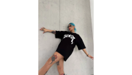 kadın Bisiklet Yaka Baskılı Oversize Kısa kol T-Shirt - Siyah kadın Bisiklet Yaka Baskılı Oversize Kısa kol T-Shirt - Siyah