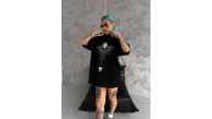 kadın Bisiklet Yaka Baskılı Oversize Kısa kol T-Shirt - Siyah kadın Bisiklet Yaka Baskılı Oversize Kısa kol T-Shirt - Siyah