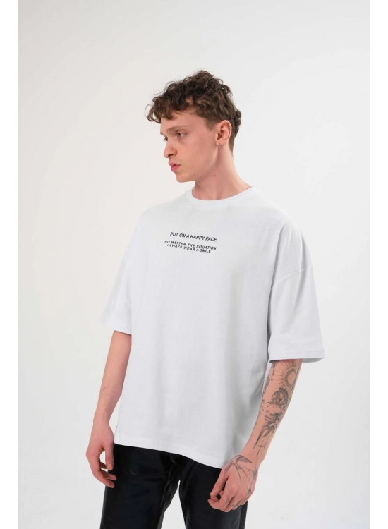 Erkek Kısa Kol Yazlık Tişört Bisiklet Yaka Baskılı Oversize T-Shirt - Beyaz Erkek Kısa Kol Yazlık Tişört Bisiklet Yaka Baskılı Oversize T-Shirt - Beyaz