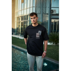 Erkek Kısa Kol Yazlık Tişört Bisiklet Yaka Baskılı Oversize T-Shirt - Siyah