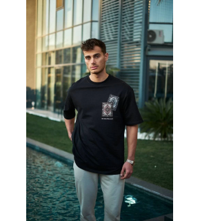 Erkek Kısa Kol Yazlık Tişört Bisiklet Yaka Baskılı Oversize T-Shirt - Siyah