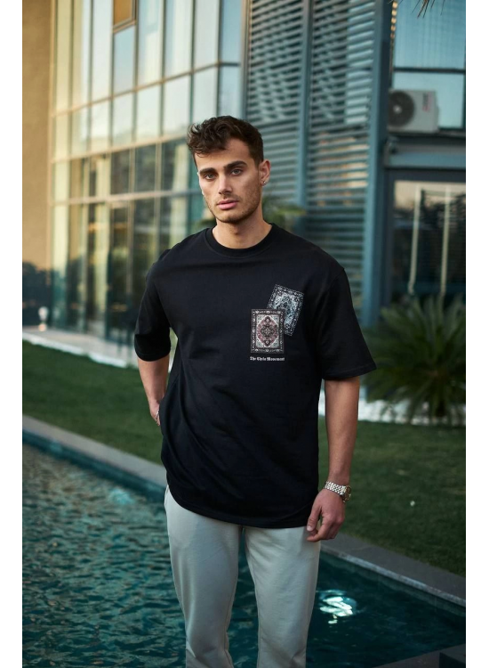 Erkek Kısa Kol Yazlık Tişört Bisiklet Yaka Baskılı Oversize T-Shirt - Siyah Erkek Kısa Kol Yazlık Tişört Bisiklet Yaka Baskılı Oversize T-Shirt - Siyah