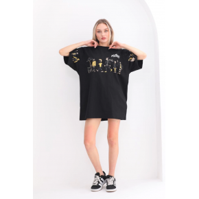 Kadın Kısa Kol Yazlık Tişört Bisiklet Yaka Baskılı Oversize T-Shirt - Siyah