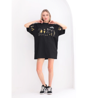 Kadın Kısa Kol Yazlık Tişört Bisiklet Yaka Baskılı Oversize T-Shirt - Siyah