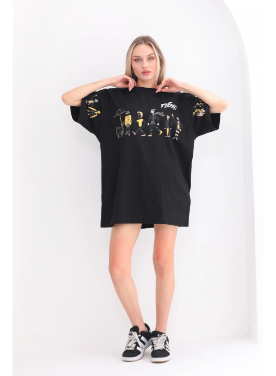 Kadın Kısa Kol Yazlık Tişört Bisiklet Yaka Baskılı Oversize T-Shirt - Siyah Kadın Kısa Kol Yazlık Tişört Bisiklet Yaka Baskılı Oversize T-Shirt - Siyah