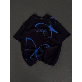 kadın Bisiklet Yaka Baskılı Oversize T-Shirt - Siyah