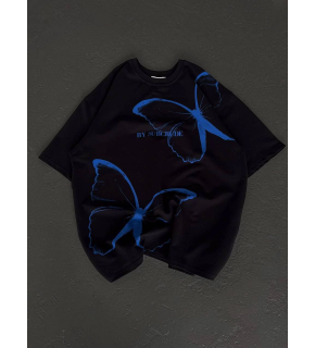 kadın Bisiklet Yaka Baskılı Oversize T-Shirt - Siyah