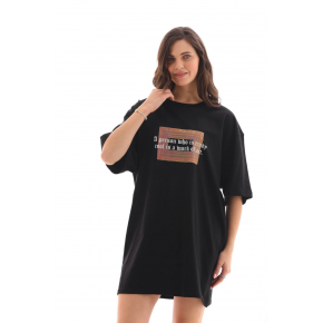 Kadın Baskılı T-Shirt Kısa Kol Bisiklet Yaka Oversize Rahat Kalıp Tişört - Siyah