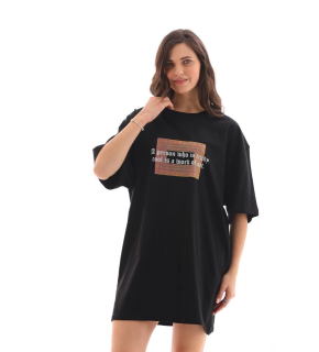 Kadın Baskılı T-Shirt Kısa Kol Bisiklet Yaka Oversize Rahat Kalıp Tişört - Siyah