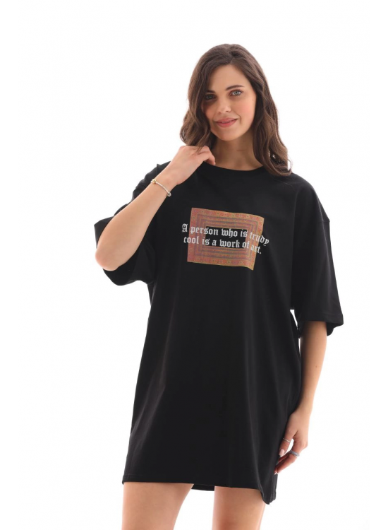 Kadın Baskılı T-Shirt Kısa Kol Bisiklet Yaka Oversize Rahat Kalıp Tişört - Siyah Kadın Baskılı T-Shirt Kısa Kol Bisiklet Yaka Oversize Rahat Kalıp Tişört - Siyah