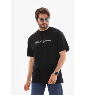 Erkek Kısa Kol Yazlık Tişört Bisiklet Yaka Baskılı Oversize T-Shirt - Siyah