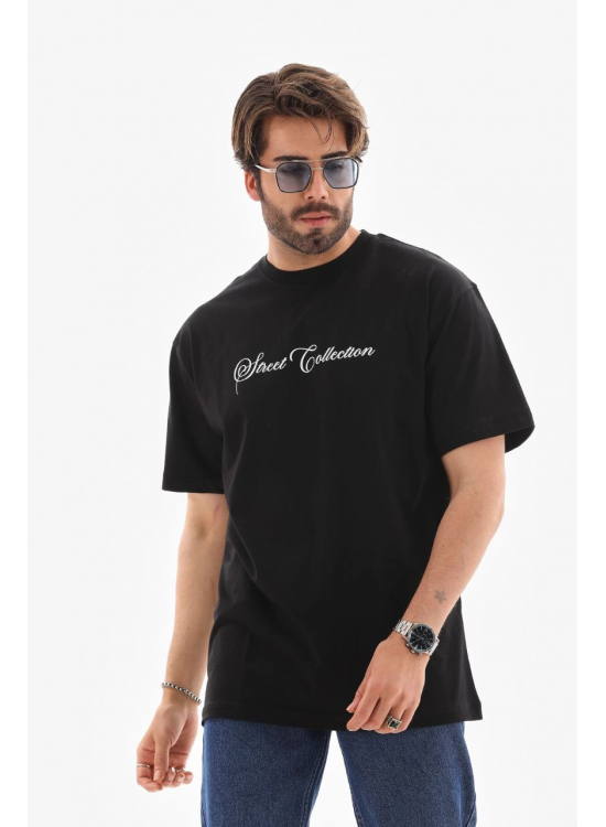 Erkek Kısa Kol Yazlık Tişört Bisiklet Yaka Baskılı Oversize T-Shirt - Siyah