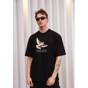 Erkek Kısa Kol Yazlık Tişört Bisiklet Yaka Baskılı Oversize T-Shirt - Siyah