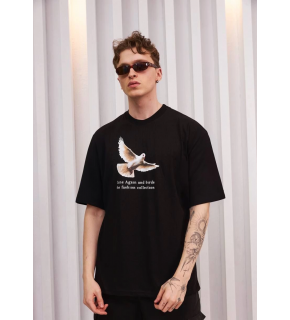 Erkek Kısa Kol Yazlık Tişört Bisiklet Yaka Baskılı Oversize T-Shirt - Siyah