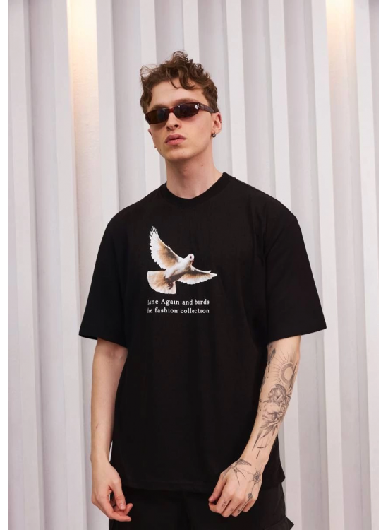 Erkek Kısa Kol Yazlık Tişört Bisiklet Yaka Baskılı Oversize T-Shirt - Siyah Erkek Kısa Kol Yazlık Tişört Bisiklet Yaka Baskılı Oversize T-Shirt - Siyah