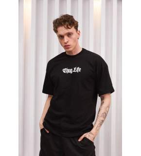 Erkek Bisiklet Yaka Baskılı  Kısa kol Oversize T-Shirt - Siyah