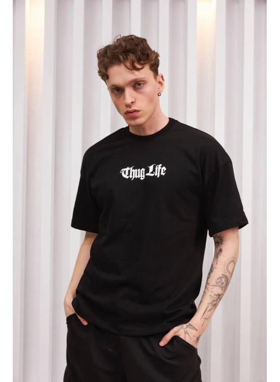 Erkek Bisiklet Yaka Baskılı Kısa kol Oversize T-Shirt - Siyah Erkek Bisiklet Yaka Baskılı Kısa kol Oversize T-Shirt - Siyah