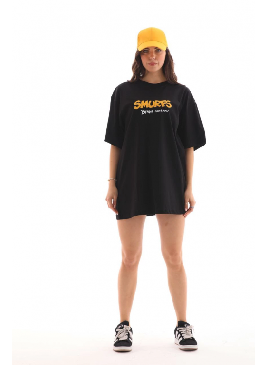 Kadın Kısa Kol Yazlık Tişört Bisiklet Yaka Baskılı Oversize T-Shirt - Siyah Kadın Kısa Kol Yazlık Tişört Bisiklet Yaka Baskılı Oversize T-Shirt - Siyah