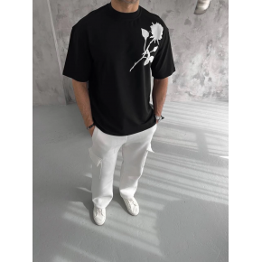 Erkek Kısa Kol Tişört Bisiklet Yaka GÜL Baskılı Oversize T-Shirt - Siyah