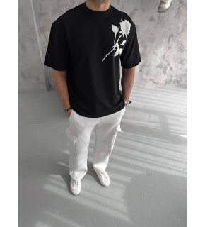 Erkek Kısa Kol Tişört Bisiklet Yaka GÜL Baskılı Oversize T-Shirt - Siyah