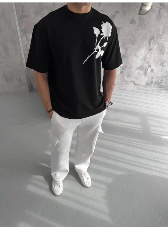 Erkek Kısa Kol Tişört Bisiklet Yaka GÜL Baskılı Oversize T-Shirt - Siyah Erkek Kısa Kol Tişört Bisiklet Yaka GÜL Baskılı Oversize T-Shirt - Siyah