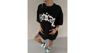 kadın Bisiklet Yaka Baskılı Oversize Kısa kol T-Shirt - Siyah kadın Bisiklet Yaka Baskılı Oversize Kısa kol T-Shirt - Siyah