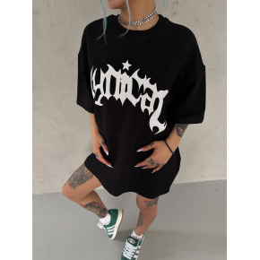 kadın Bisiklet Yaka Baskılı Oversize Kısa kol  T-Shirt - Siyah