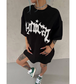 kadın Bisiklet Yaka Baskılı Oversize Kısa kol  T-Shirt - Siyah