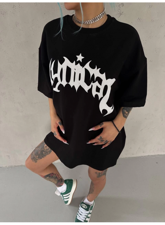 kadın Bisiklet Yaka Baskılı Oversize Kısa kol T-Shirt - Siyah kadın Bisiklet Yaka Baskılı Oversize Kısa kol T-Shirt - Siyah