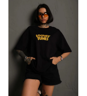 kadın Bisiklet Yaka Baskılı Oversize  Kısa kol T-Shirt - Siyah