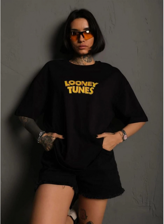 kadın Bisiklet Yaka Baskılı Oversize Kısa kol T-Shirt - Siyah kadın Bisiklet Yaka Baskılı Oversize Kısa kol T-Shirt - Siyah