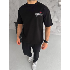 Erkek Kısa Kol Yazlık Tişört Bisiklet Yaka Baskılı Oversize T-Shirt - Siyah