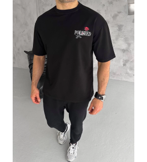 Erkek Kısa Kol Yazlık Tişört Bisiklet Yaka Baskılı Oversize T-Shirt - Siyah