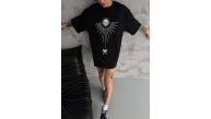 kadın Bisiklet Yaka Baskılı Oversize Kısa kol T-Shirt - Siyah kadın Bisiklet Yaka Baskılı Oversize Kısa kol T-Shirt - Siyah