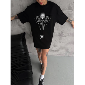 kadın Bisiklet Yaka Baskılı Oversize  Kısa kol T-Shirt - Siyah