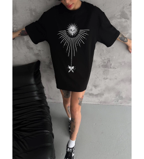 kadın Bisiklet Yaka Baskılı Oversize  Kısa kol T-Shirt - Siyah