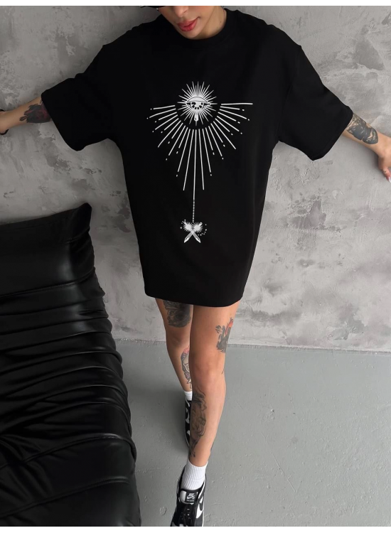 kadın Bisiklet Yaka Baskılı Oversize Kısa kol T-Shirt - Siyah kadın Bisiklet Yaka Baskılı Oversize Kısa kol T-Shirt - Siyah