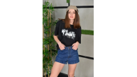 Kadın Bisiklet Yaka Baskılı Kısa kol Oversize T-Shirt - Siyah Kadın Bisiklet Yaka Baskılı Kısa kol Oversize T-Shirt - Siyah