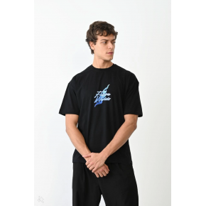 Erkek Kısa Kol Yazlık Tişört Bisiklet Yaka Baskılı Oversize T-Shirt - Siyah