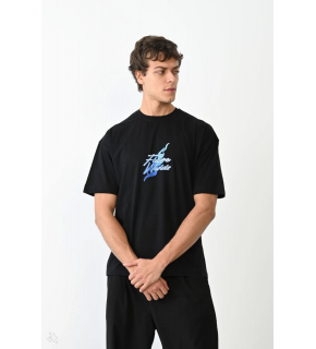 Erkek Kısa Kol Yazlık Tişört Bisiklet Yaka Baskılı Oversize T-Shirt - Siyah