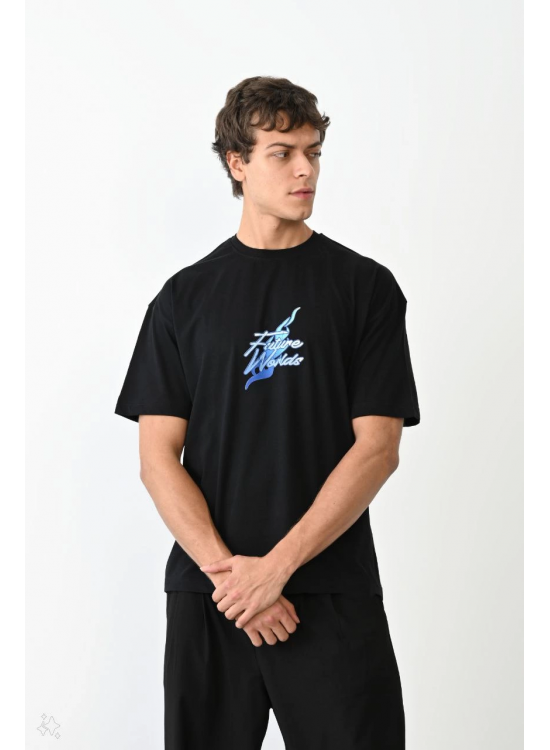 Erkek Kısa Kol Yazlık Tişört Bisiklet Yaka Baskılı Oversize T-Shirt - Siyah