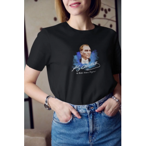 Kadın Kısa Kol Yazlık Tişört Bisiklet Yaka ATATÜRK Baskılı T-Shirt - Siyah