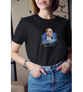 Kadın Kısa Kol Yazlık Tişört Bisiklet Yaka ATATÜRK Baskılı T-Shirt - Siyah
