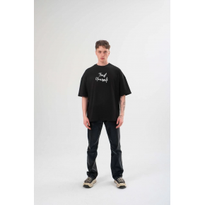Erkek Kısa Kol Yazlık Tişört Bisiklet Yaka Baskılı Oversize T-Shirt - Siyah