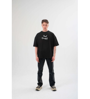 Erkek Kısa Kol Yazlık Tişört Bisiklet Yaka Baskılı Oversize T-Shirt - Siyah