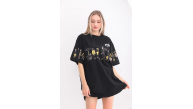 Kadın Kısa Kol Yazlık Tişört Bisiklet Yaka Baskılı Oversize T-Shirt - Siyah Kadın Kısa Kol Yazlık Tişört Bisiklet Yaka Baskılı Oversize T-Shirt - Siyah