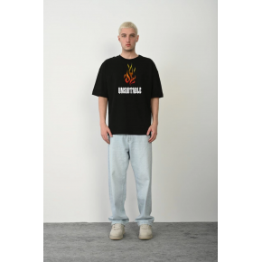 Erkek Baskılı T-Shirt Kısa Kol Bisiklet Yaka Regular Fit Rahat Kalıp Günlük Tişört - Siyah
